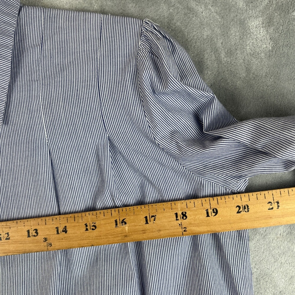 BURU Dress  Blue White Pinstripe Tiered Mini Long Sleeve Collared Button Front - Picture 9 of 11